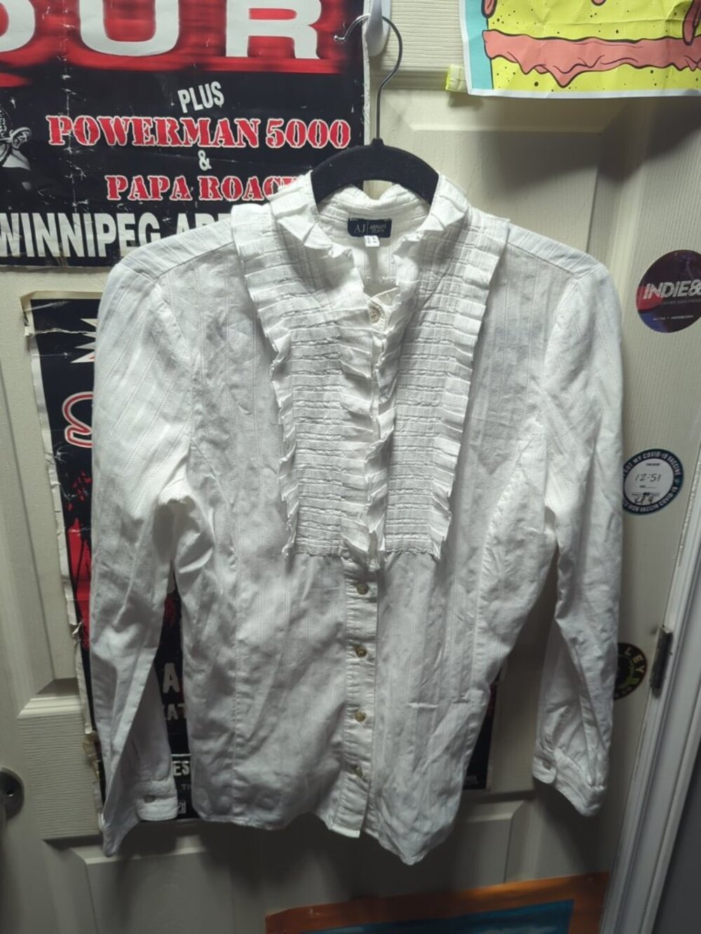 [ ARMANI JEANS ] Crisp White Cotton Dress Shirt Frilly Puffy EU 44 / 8 USA